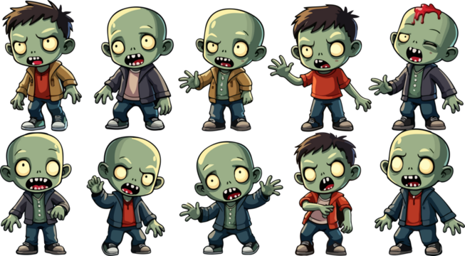 set of cartoon zombie monsters, isolated on white background , transparent vector style flat color png image	