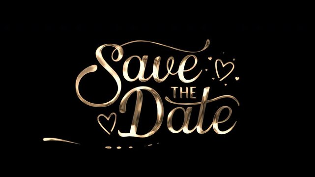 Save The Date lettering text animation in gold color. Beautiful text animation. High Quality 4K footage. Alpha Channel.