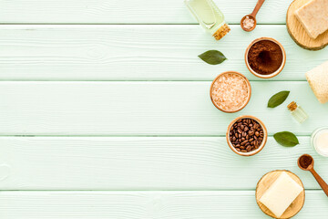 Spa coffee cosmetic set with body scrub and sea salt, top view