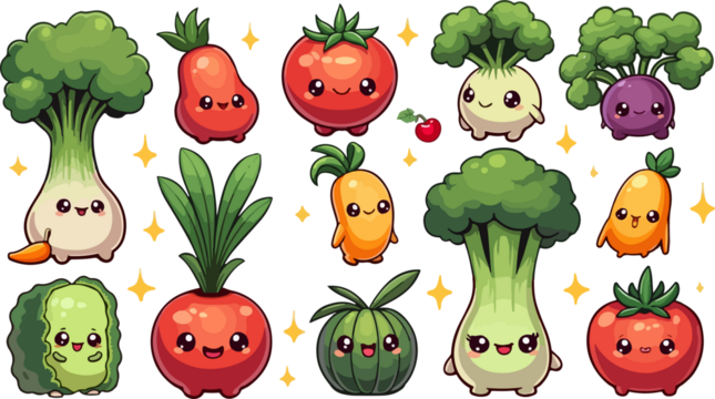 set of cartoon vegetable and fruits, isolated on white background , transparent vector style flat color png image	