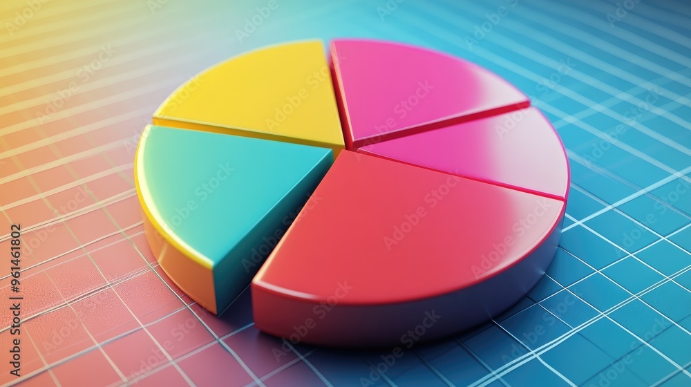 Poster 3d pie chart in vibrant colors, with each segment slightly separated for emphasis. floating over a g