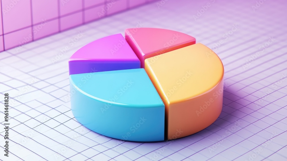 Poster 3d pie chart in vibrant colors, with each segment slightly separated for emphasis. floating over a g
