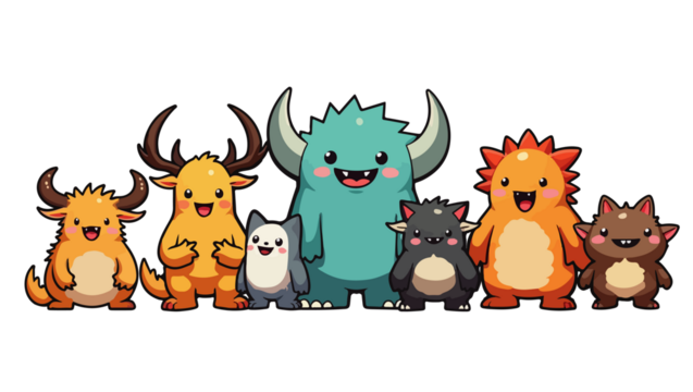 set of cartoon cute monsters, isolated on white background , transparent vector style flat color png image