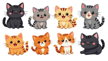 set of cartoon funny cats, isolated on white background , transparent vector style flat color png image	