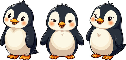 Fototapeta premium set of cartoon penguin, isolated on white background , transparent vector style flat color png image 