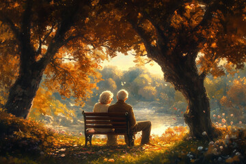 Watercolour art of Happy Older couple sit on a park bench in Autumn. Flat design, illustration, cartoon, vectors	