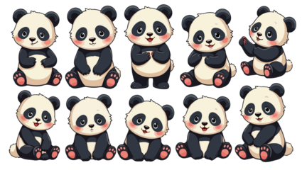set of cartoon cute panda, isolated on white background , transparent vector style flat color png image	