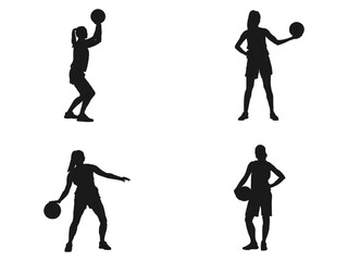 WoMan basketball player, people playing basketball silhouette. Group of different basketball players in different playing positions. Vector set of Basketball players. isolated on white background.