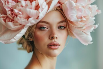Naklejka premium Portrait of a woman with a large pink flower crown, soft lighting and dreamy background