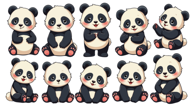 set of cartoon cute panda, isolated on white background , transparent vector style flat color png image	