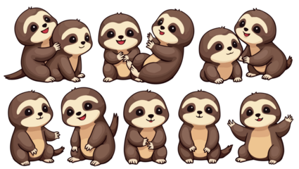 set of cartoon sloth , isolated on white background , transparent vector style flat color png image	