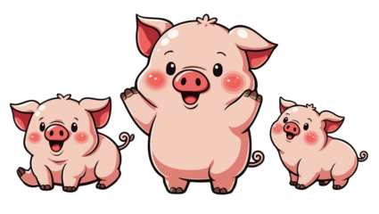 set of cartoon pig family , isolated on white background , transparent vector style flat color png image	