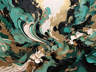 Vibrant abstract background with bold, emerald engine, bright emerald hues and deep, rich black tones, reminiscent of a dynamic, expressive art piece, with swirling patterns and shapes that evoke