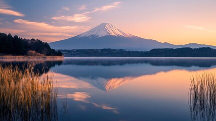 Mount Fuji Reflecting in a Tranquil Lake at Sunset