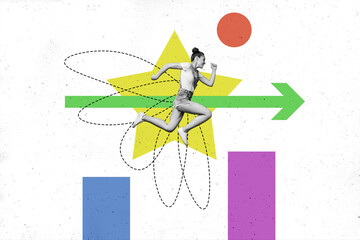 Composite trend artwork sketch image photo collage of business young lady jump moving arrow way direction stats graphics aim achieve goal