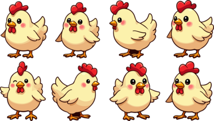 set of cartoon hen and chicken, isolated on white background , transparent vector style flat color png image