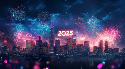Fototapeta premium Cityscape Fireworks New Year s Eve 2025 Celebration