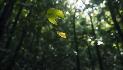 Green Leaf Falling Through Sunlit Forest