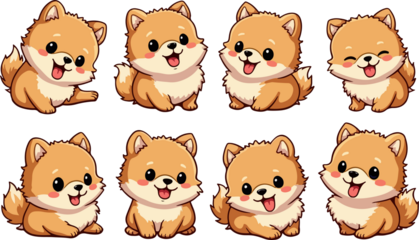 set of cartoon pomeranian dog, isolated on white background , transparent vector style flat color png image	