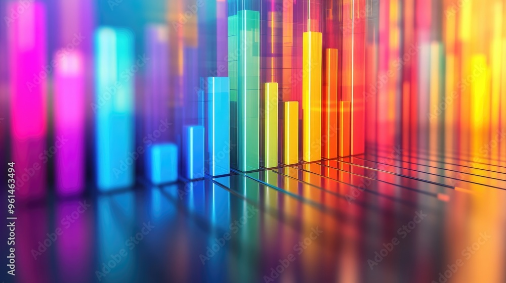 Poster abstract 3d bar graph with gradient colors, emerging from a reflective surface. dynamic visualizatio