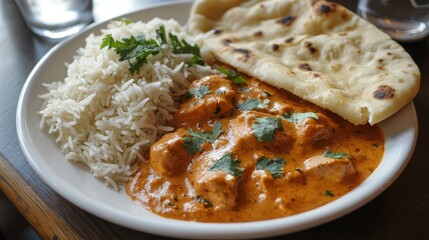 Butter Chicken with a side of jeera rice and naan. Copy space available.