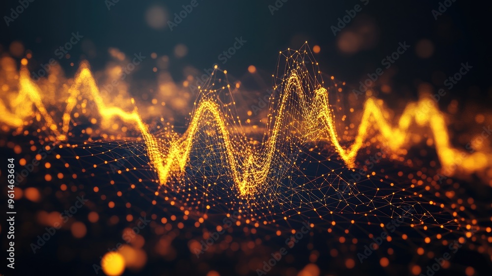Poster abstract 3d representation of a heart rate wave in gold, floating on a dark background, symbolizing 