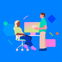 Vector illustration of coworkers having a brief discussion while looking at a monitor screen