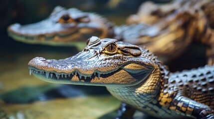 Fototapeta premium A close-up shot of an alligator or crocodile with its sharp teeth and scales in focus. The reptile's eye is visible, adding to the image's intensity and showcasing the creature's predatory nature. The