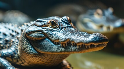 Obraz premium A close-up shot of an alligator's head, showcasing its sharp teeth and powerful jaw. The alligator's scales and eyes are visible, giving a sense of its predatory nature. This image represents the wild