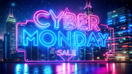 Cyber Monday Neon Sign Background, Glowing Blue and Pink Neon "SALE" Signs, Digital Light Trails and Sparkles, Dark Cityscape