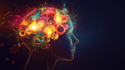Obraz premium Abstract concept of a human head filled with bright, colorful gears and lightbulbs, representing complex ideas and cognitive processes.