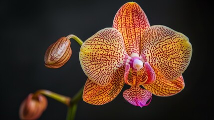  A yellow-red bloom on a stem against a black backdrop, surrounded by distant flowers