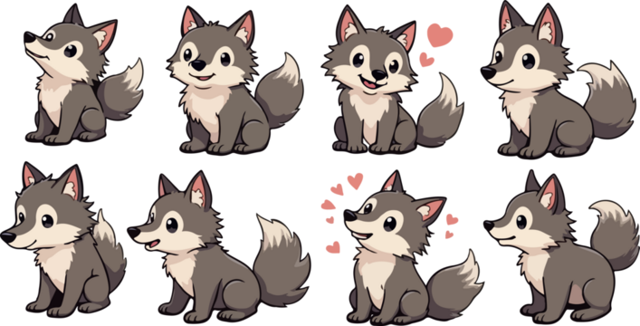 set of cartoon wolf , isolated on white background , transparent vector style flat color png image