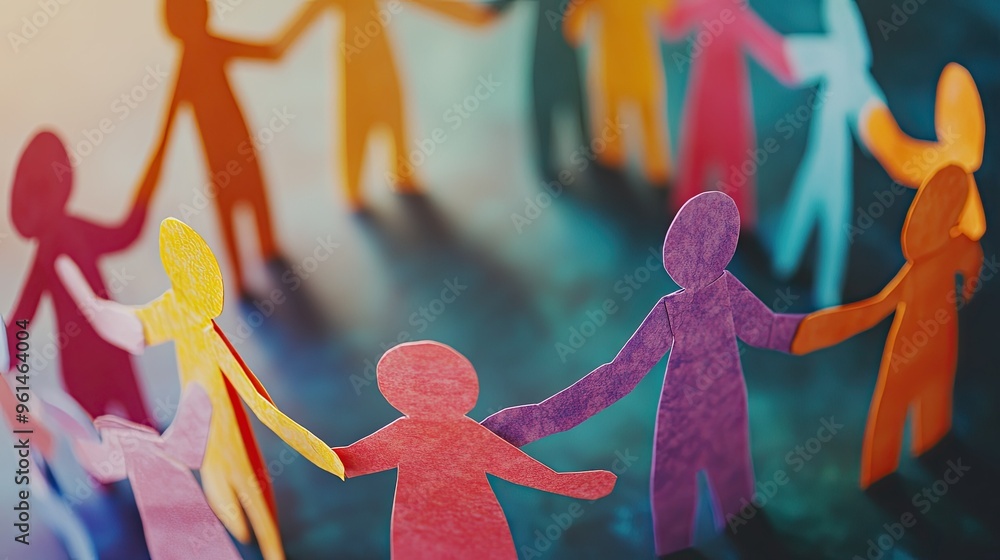 Poster a diverse group of paper human figures holding hands in a circle, representing inclusivity and unity