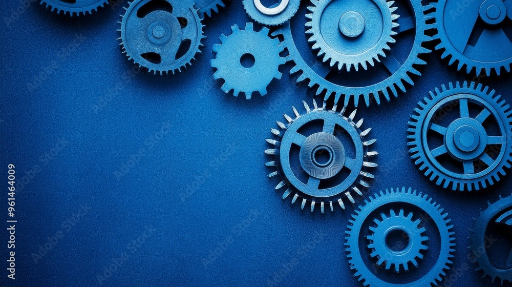 Poster a close-up shot of multiple interlocking gears on a blue background. the gears symbolize teamwork, c