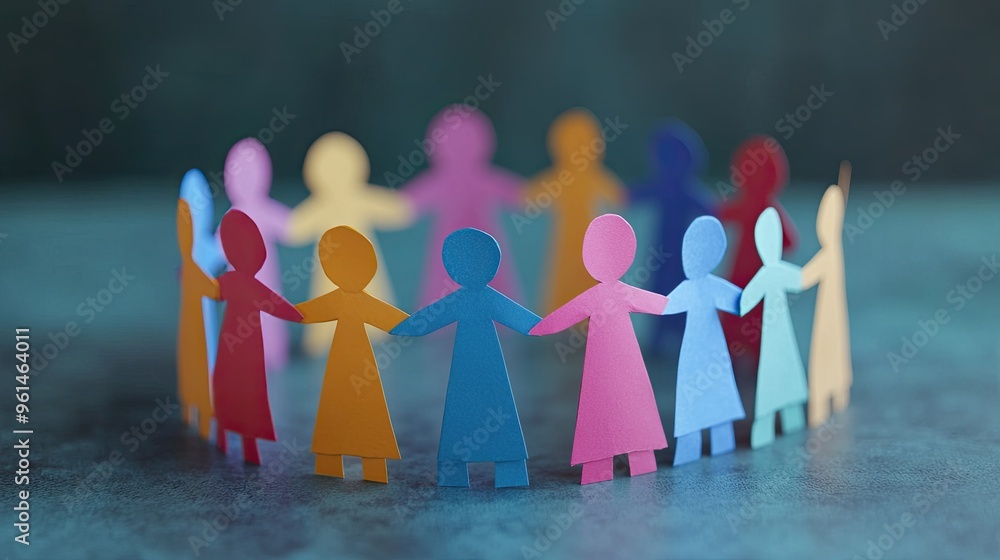 Poster A diverse group of paper human figures holding hands in a circle, representing inclusivity and unity among different cultures and backgrounds. The image is symbolic and positive.