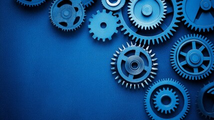 A close-up shot of multiple interlocking gears on a blue background. The gears symbolize teamwork, collaboration, precision, and the interconnected nature of systems. They also represent progress, gro