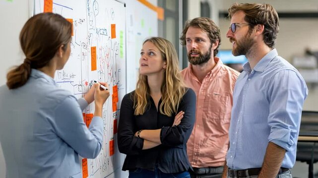 A group of people are standing in front of a whiteboard with a lot of writing on it. They are looking at the board and discussing the ideas on it. Scene is collaborative and focused