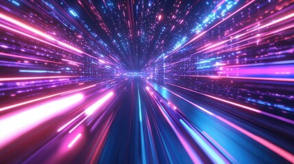 Obraz premium A dynamic 3D render of neon lights moving at high speed, creating a vibrant and futuristic technology background with a sense of motion and energy.