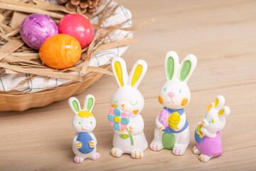 Easter decoration celebration with bunnies to be colored and colored eggs.