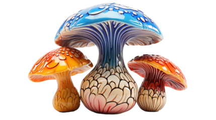 colorful ceramic garden decor mushroom, studio view, isolated on transparent background.