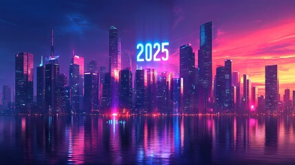 Fototapeta premium Neon Cityscape 2025 New Year s Eve Celebration