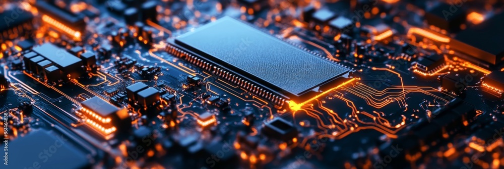 Poster a close-up view of a microchip circuit board with glowing orange traces, symbolizing technological a