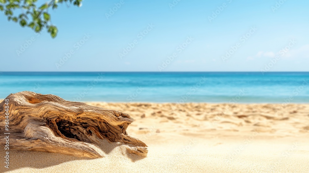 Wall mural driftwood on sandy beach with blue ocean and sky background