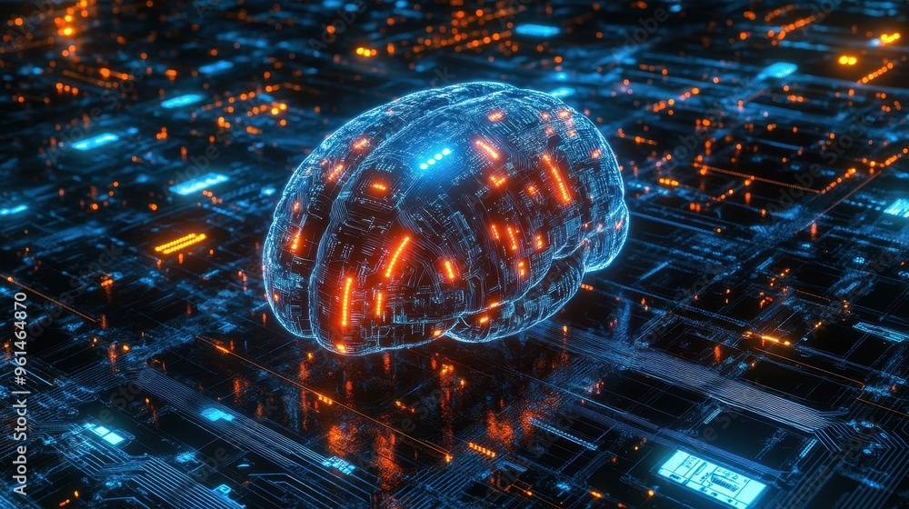 Poster brain of tomorrow: futuristic cyber intelligence with glowing binary code circuits