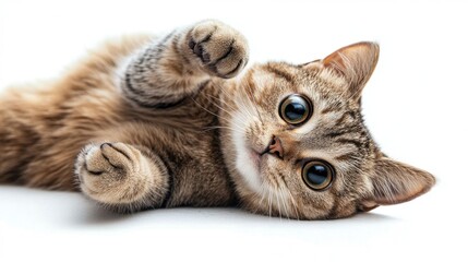 Fototapeta premium Adorable chubby cat lying on its back, playful eyes staring up, and reaching out with its paw as if asking for attention.