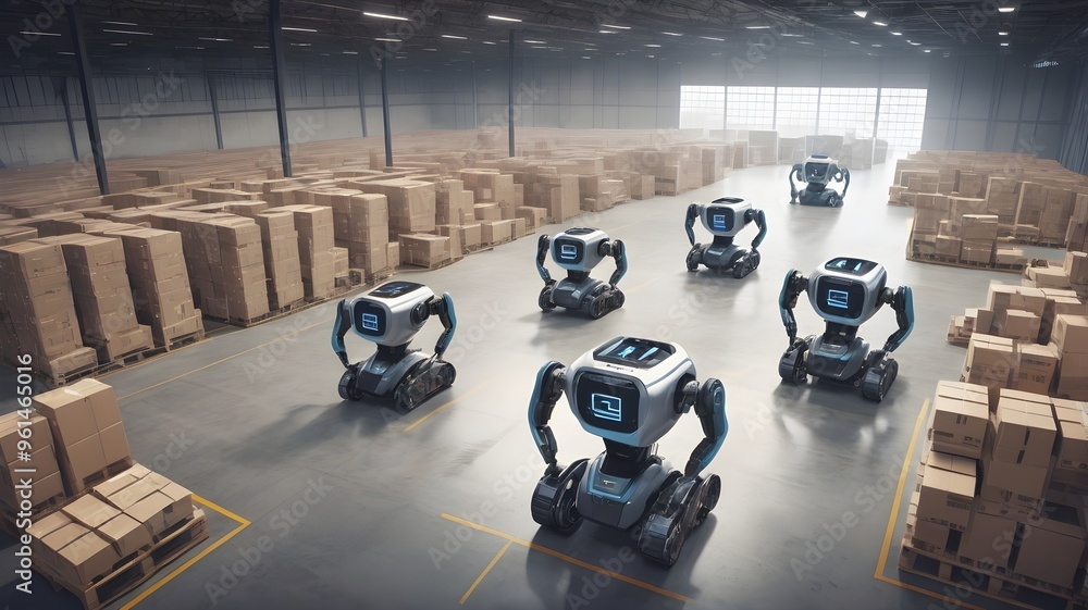 Poster Robots Working in a Warehouse with Cardboard Boxes