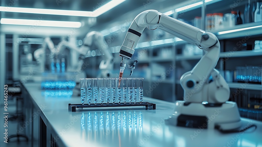 Poster a robotic arm moves methodically, filling test tubes with precision in a state-of-the-art lab.