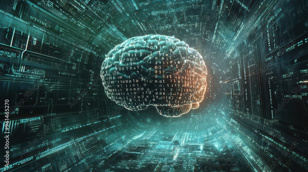 Poster brain in the digital age: cybernetic patterns and binary code fusion in futuristic artwork