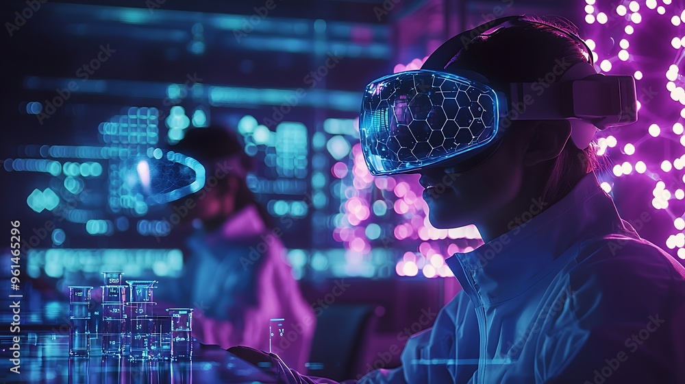 Aufkleber a scientist in a vr headset engages with beakers and flasks, bridging the virtual with the tangible.